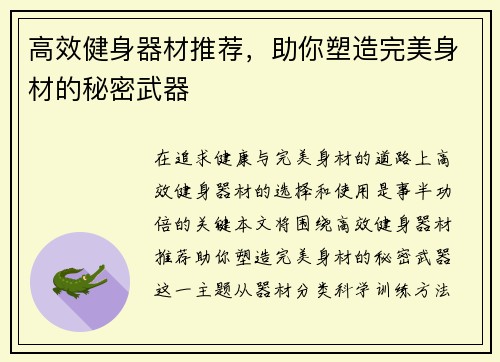 高效健身器材推荐，助你塑造完美身材的秘密武器